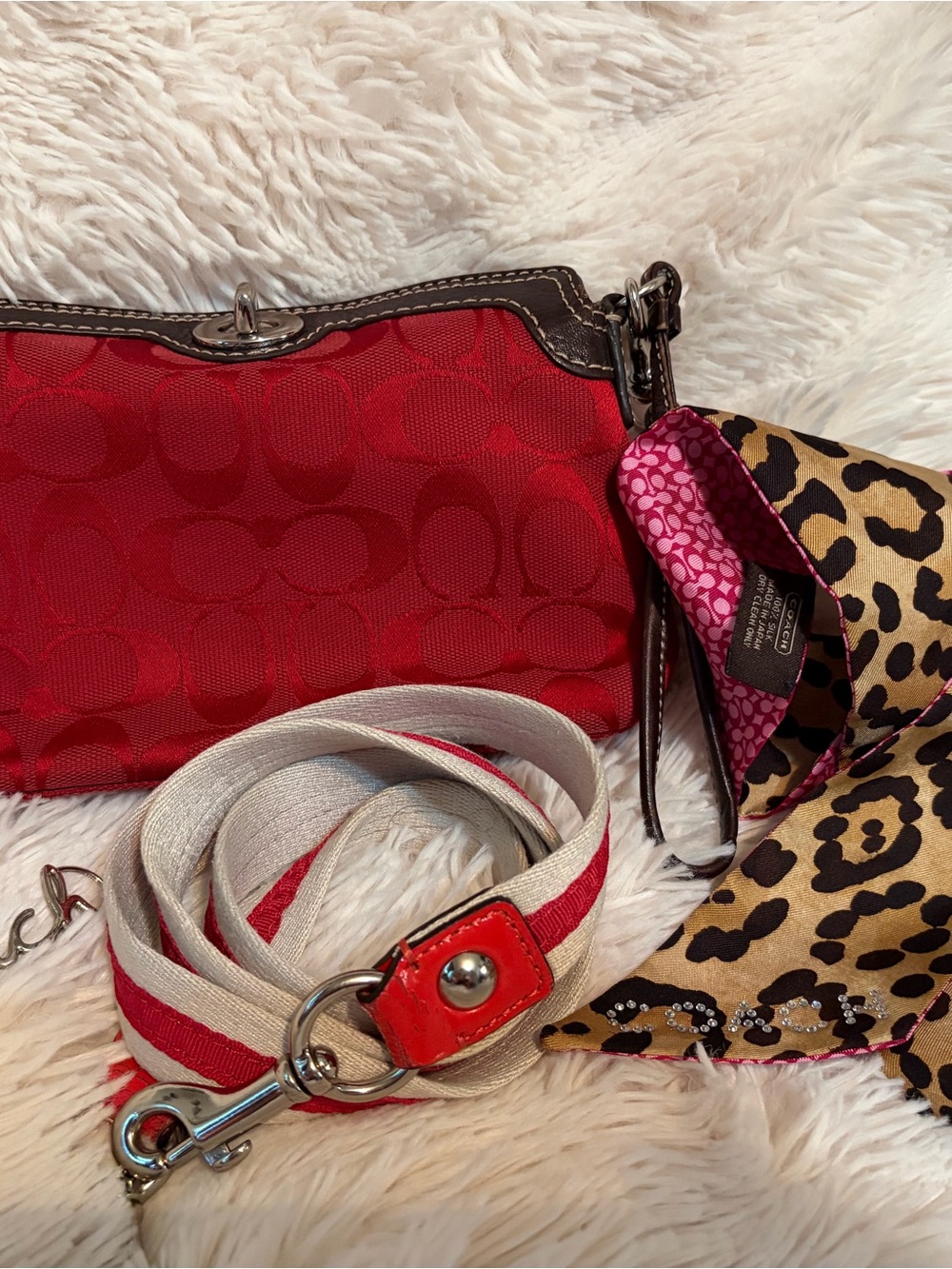 Set of Coach Red Signature Canvas Wristlet, Striped Strap, Twilly & Key Fob